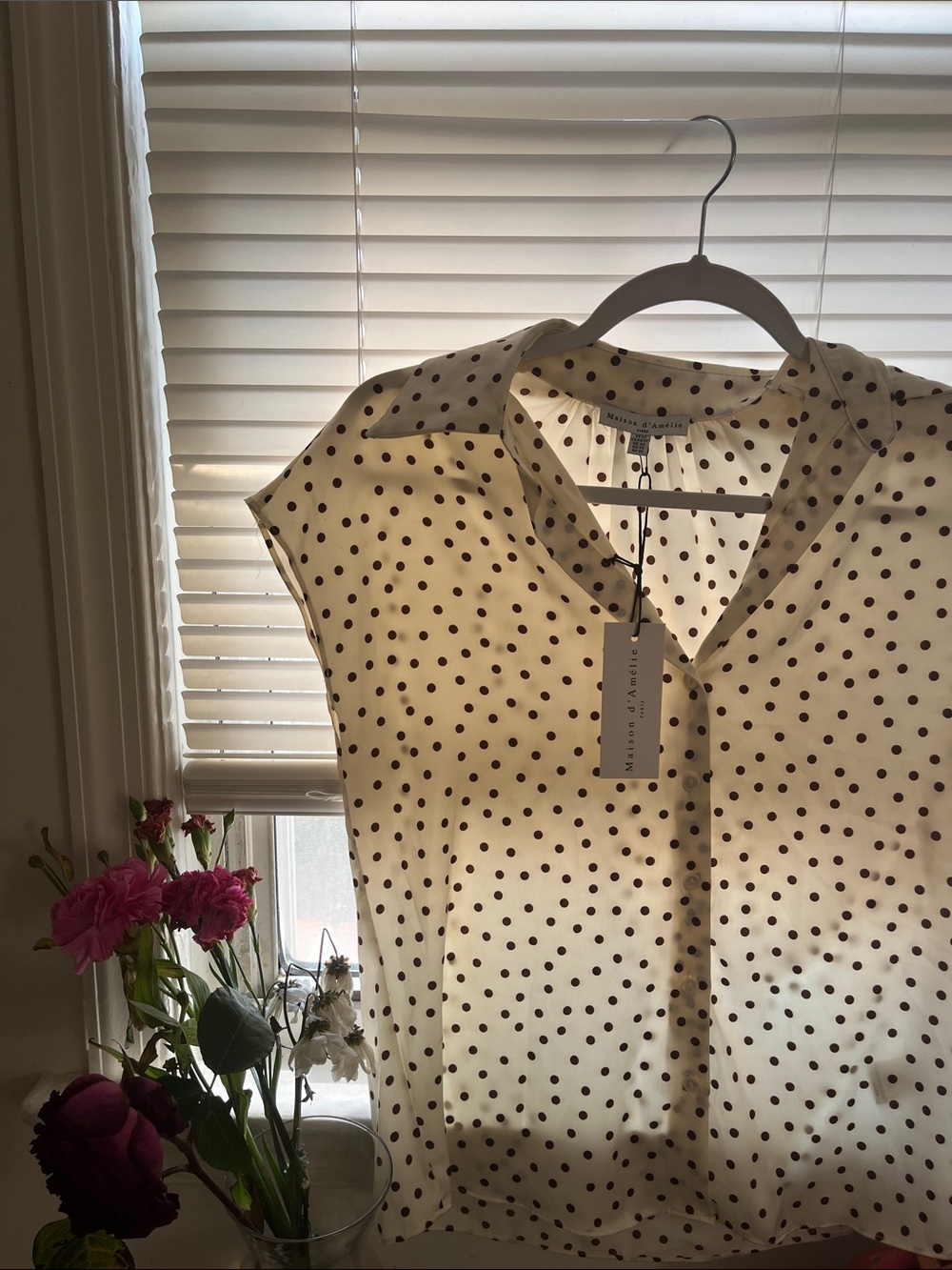 Maison d’ Amélie Cream Polka Dot Cap Sleeve Shirt